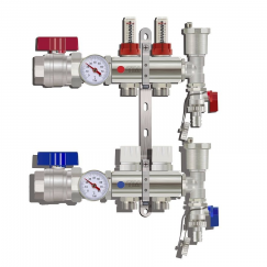 Изображение KA002 / Коллекторная группа на 2 выхода, расходомер, воздухоотводчик, сливной кран, торцевой кран, термометр, TIM