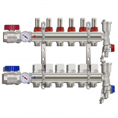 Изображение KA006 / Коллекторная группа на 6 выходов, расходомер, воздухоотводчик, сливной кран, торцевой кран, термометр, TIM