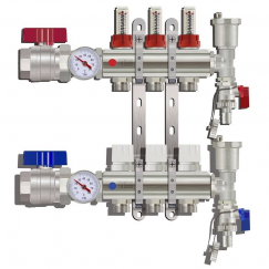 Изображение KA003 / Коллекторная группа на 3 выхода, расходомер, воздухоотводчик, сливной кран, торцевой кран, термометр, TIM